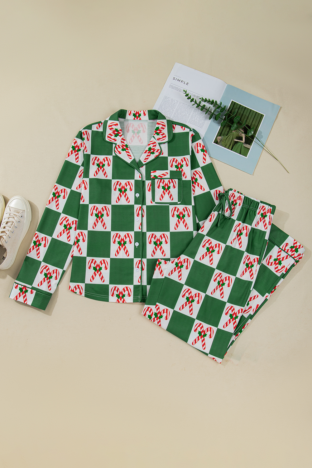 Green Holly Jolly Checkered Pattern 2pcs Long Pajama Set - Image 5