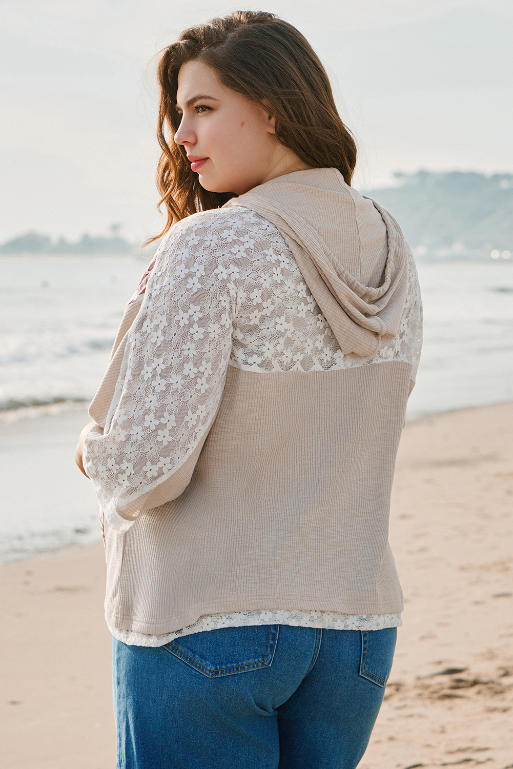 Khaki V Neck Floral Peace Sign Graphic Lace Patch Ribbed Plus Size Hooded Top - Image 2