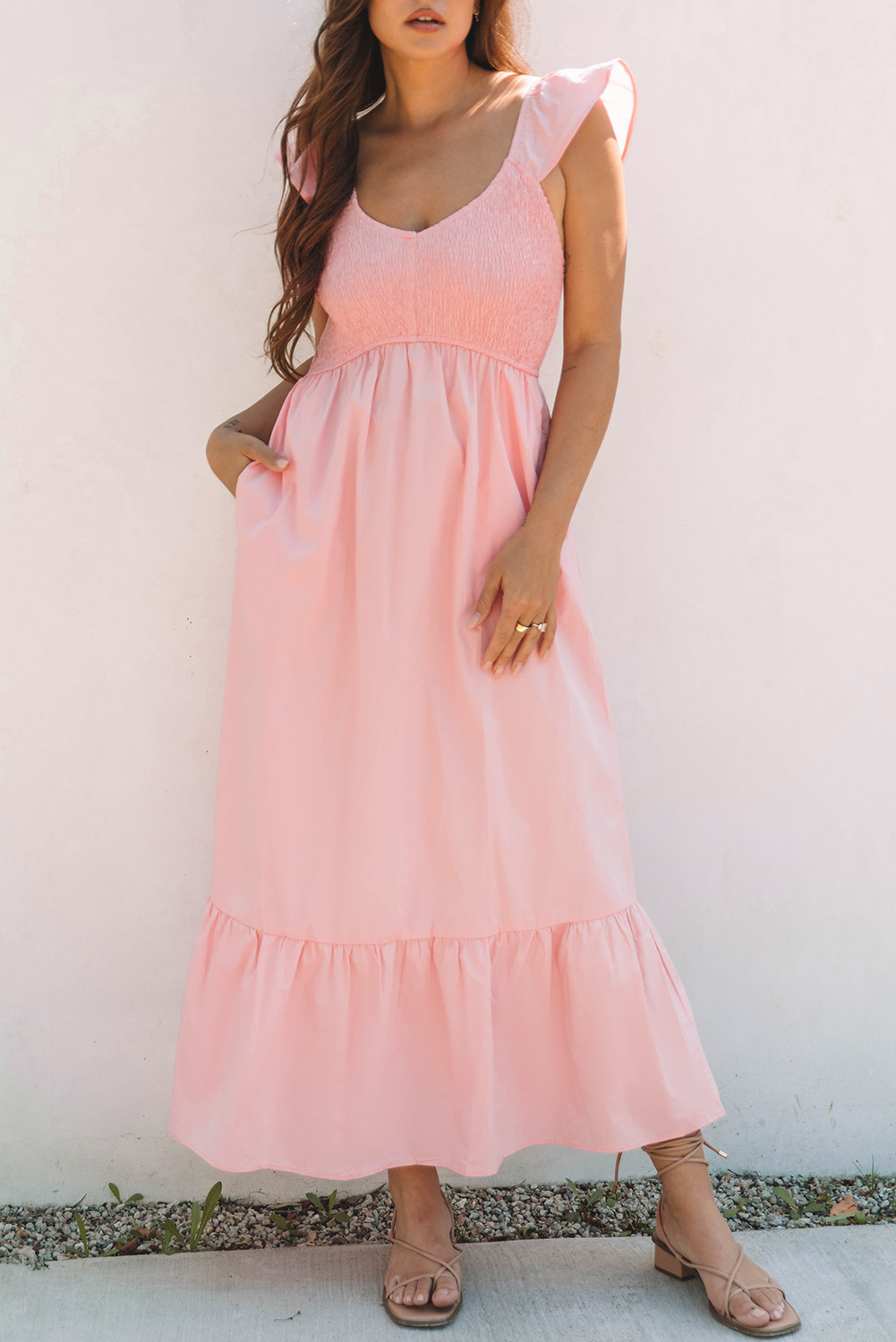 Pink V Neck Flutter Sleeve Smocked Bodice High Waist Ruffle Maxi Dress - Image 8