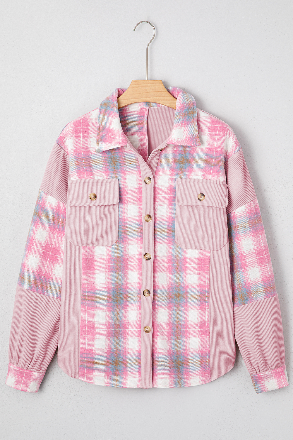 Pink Brushed Plaid Corduroy Flap Pockets Patchwork Shacket - Image 5