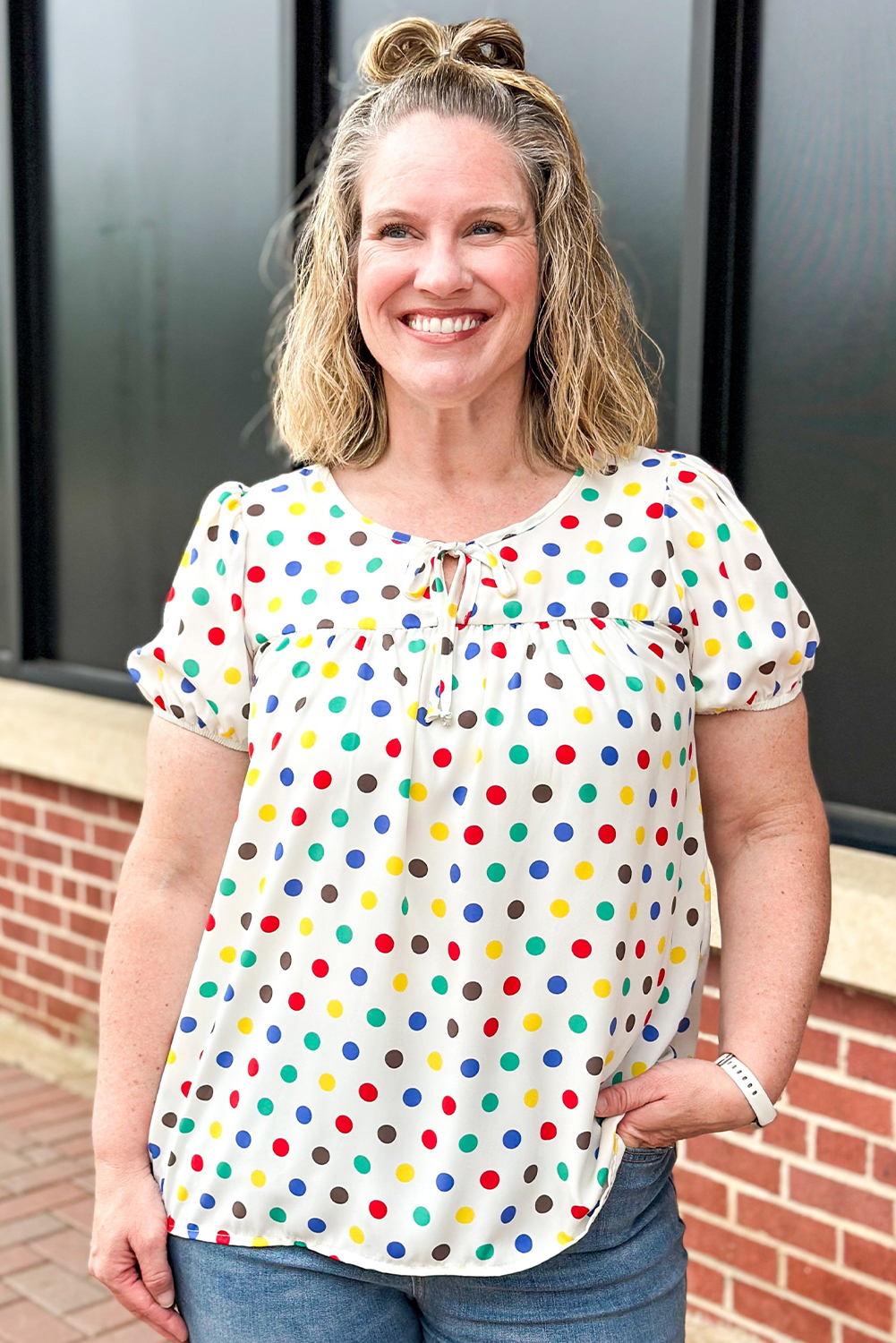 Apricot Plus Size Colorful Polka Dots Tie Neck Puff Sleeve Blouse - Image 3