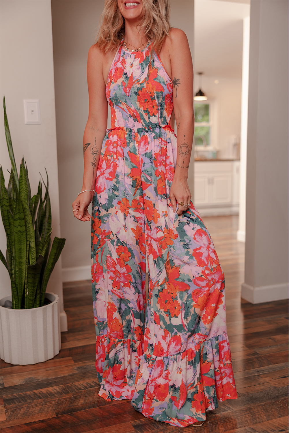 Multicolour Floral Print Smocked Halter Neck Sleeveless Wide Leg Jumpsuit - Image 6