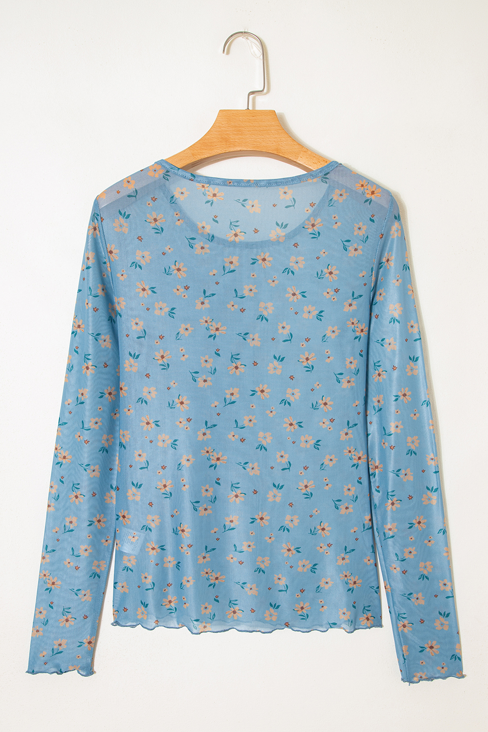 Sky Blue Vintage Floral Print Southern Style Mesh Long Sleeve Top - Image 8