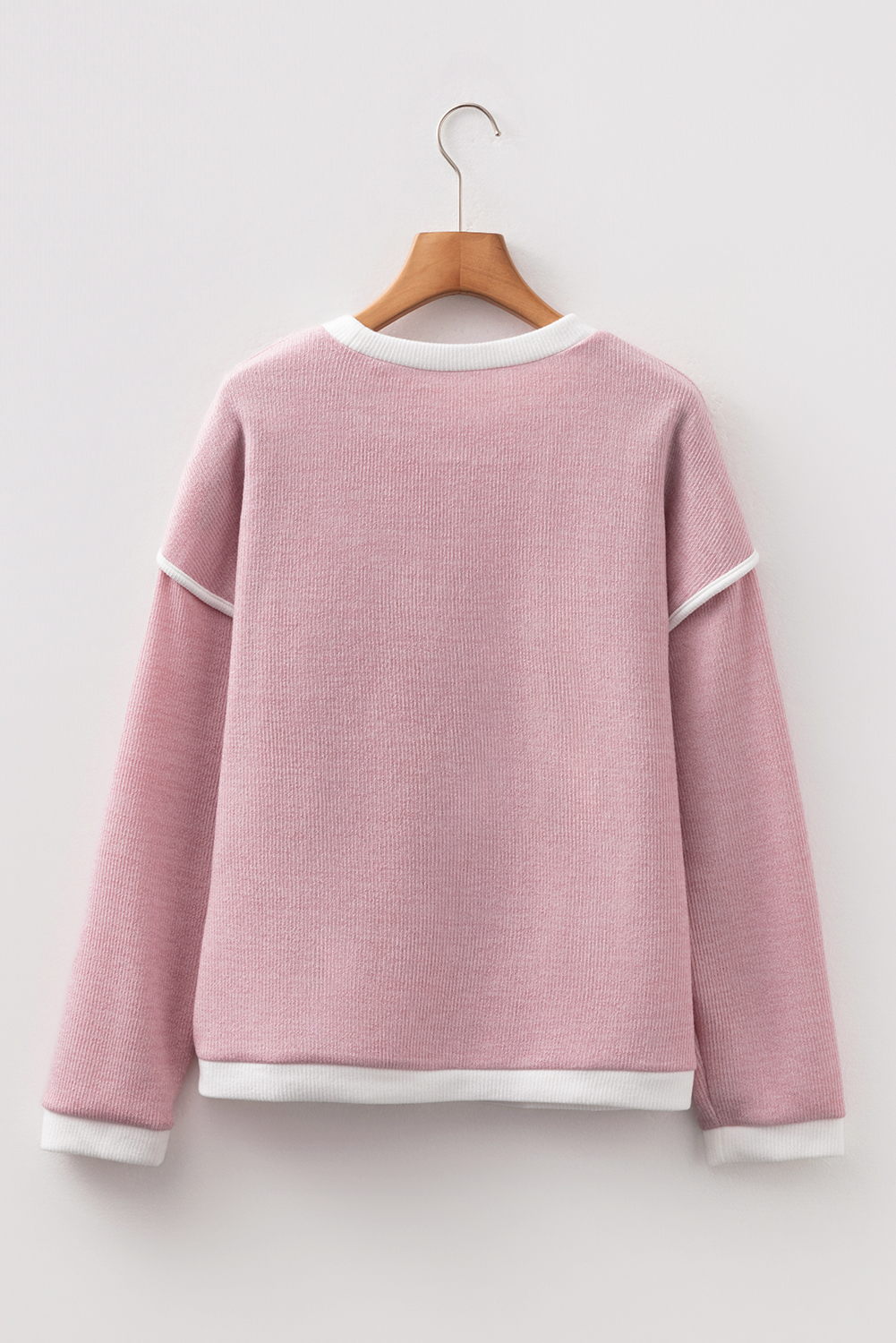 Light Pink Contrast Color Trim Knit Drop Shoulder Loose Top - Image 7