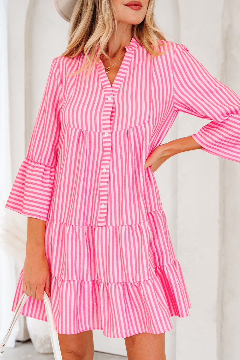 Pink Stripe Flare Sleeve Half Placket Tiered Flowy Mini Dress - Image 7