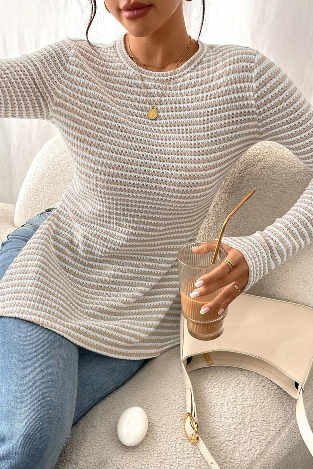 Jet Stream Striped Knit Side Slit Slim Round Neck Tunic Top - Image 4