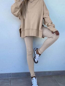 Jet Stream Solid Color Oversize Slit Sweatshirt Ribbed Leggings 2pcs Set