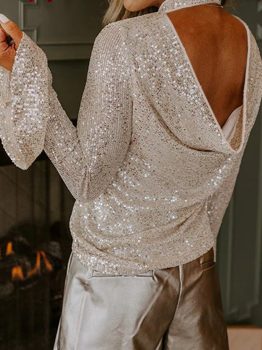Jet Stream Sequin Mock Neck Drape Open Back Bell Sleeve Top
