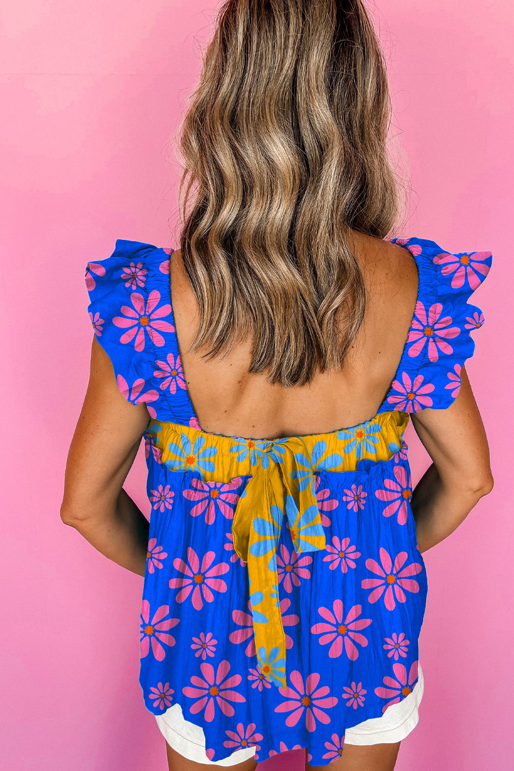 Blue Floral Colorblock Flutter Straps Flowy Tank Top - Image 2