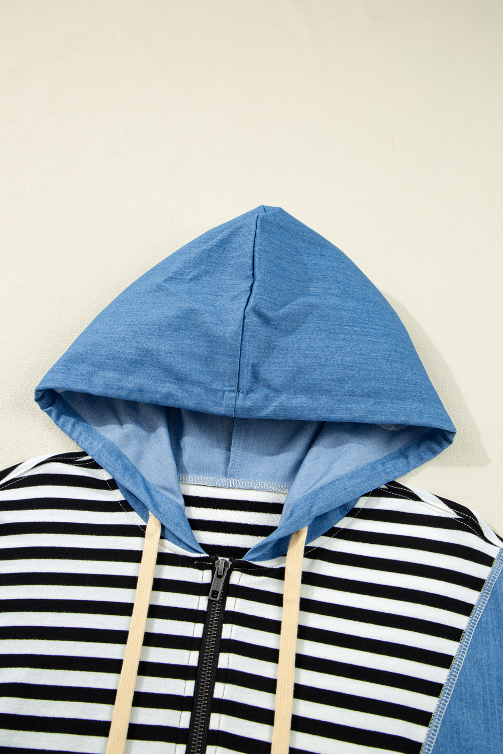 Black Stripe Denim Color Block Quarter Zip Baggy Drawstring Hoodie - Image 7
