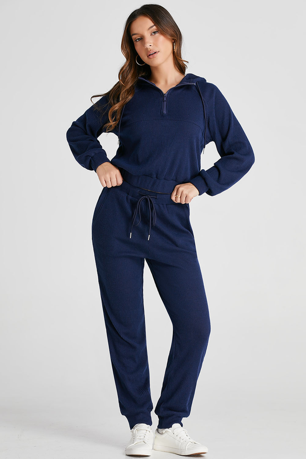 Navy Blue Ribbed Knit Cropped Hoodie and Drawstring Joggers Set - Image 7