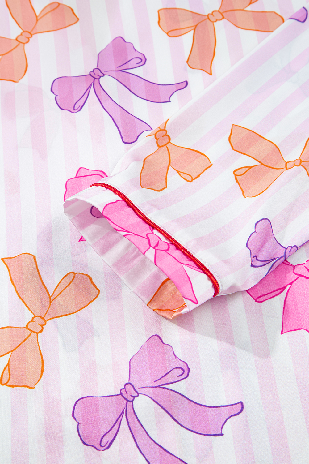 Pink Striped Bow Print Contrast Piping Trim Shirt and Pants 2pcs Pajama Set - Image 7