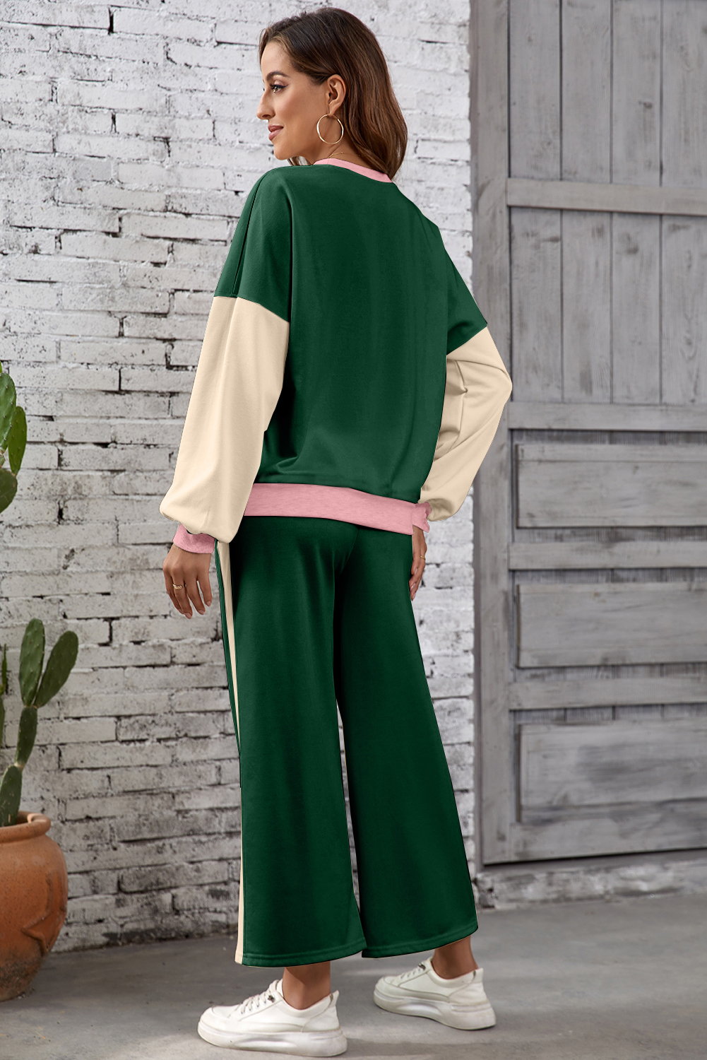 Blackish Green 2pcs Color Block Pullover Loose Pant Set - Image 2