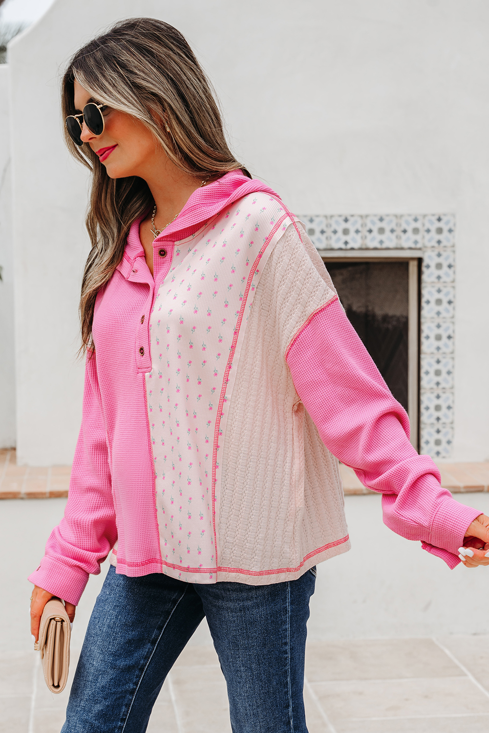 Pink Mixed Texture Waffle Floral Patchwork Hooded Oversize Pullover - Image 3