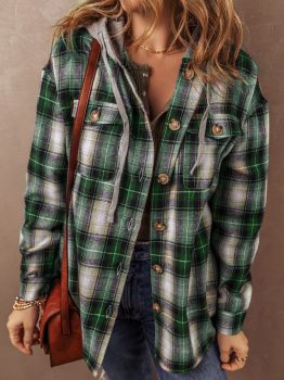Green Plaid Print Chest Pocket Buttoned Hooded Shacket