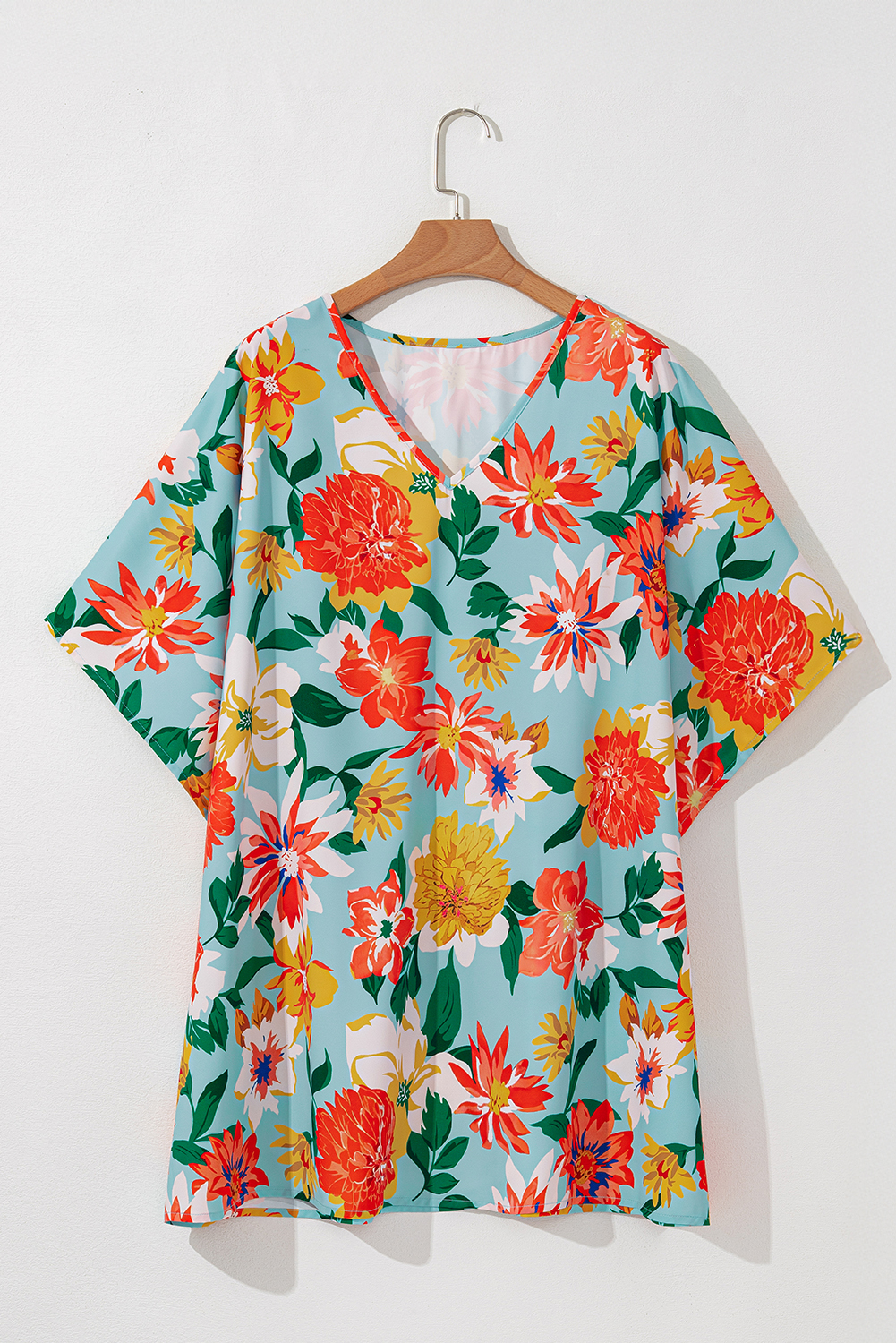 Sky Blue Plus Size Floral Print V Neck Batwing Sleeve Blouse - Image 8