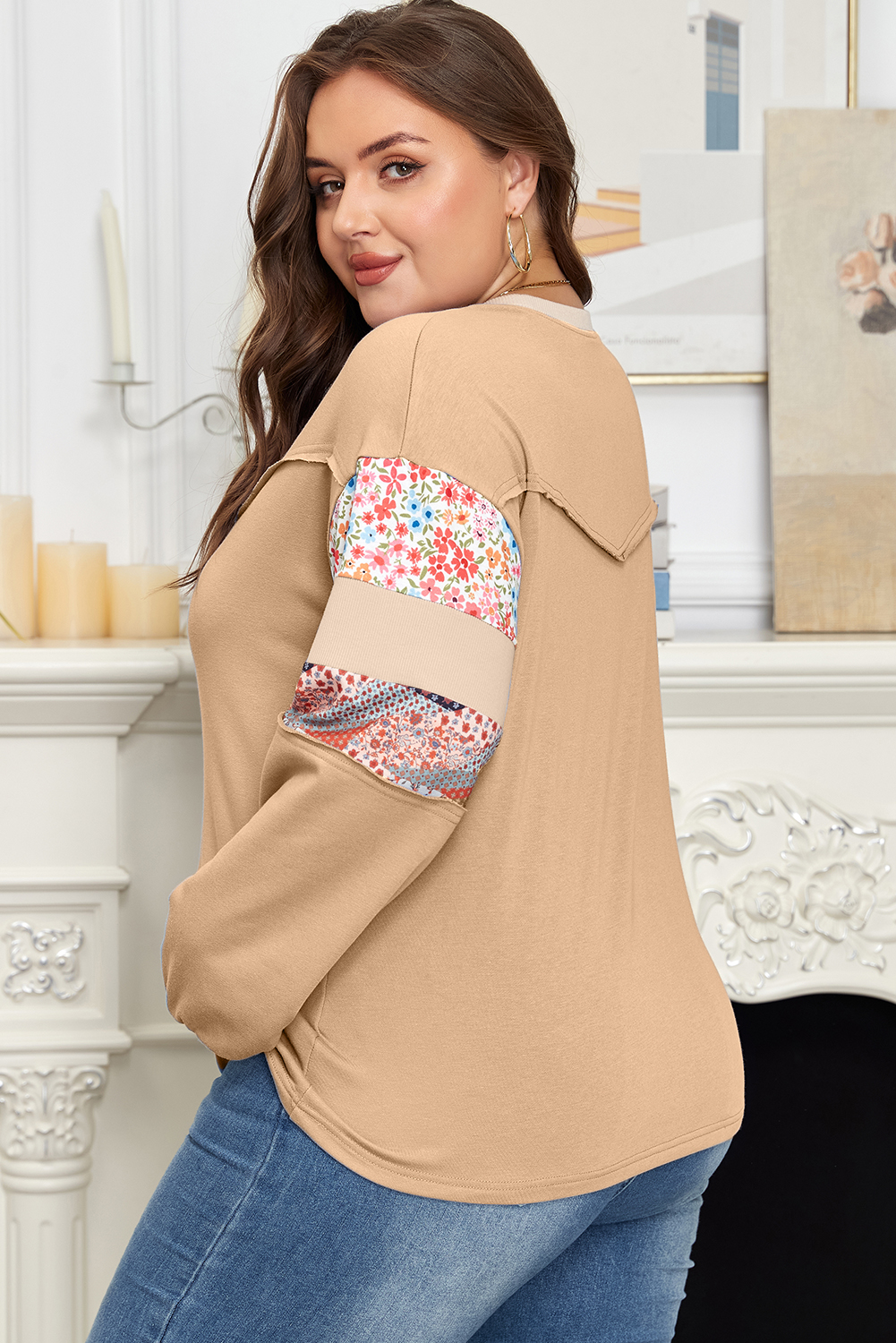 Khaki Exposed Seam Floral Mixed Patchwork Relaxed Plus Size Top - Image 2