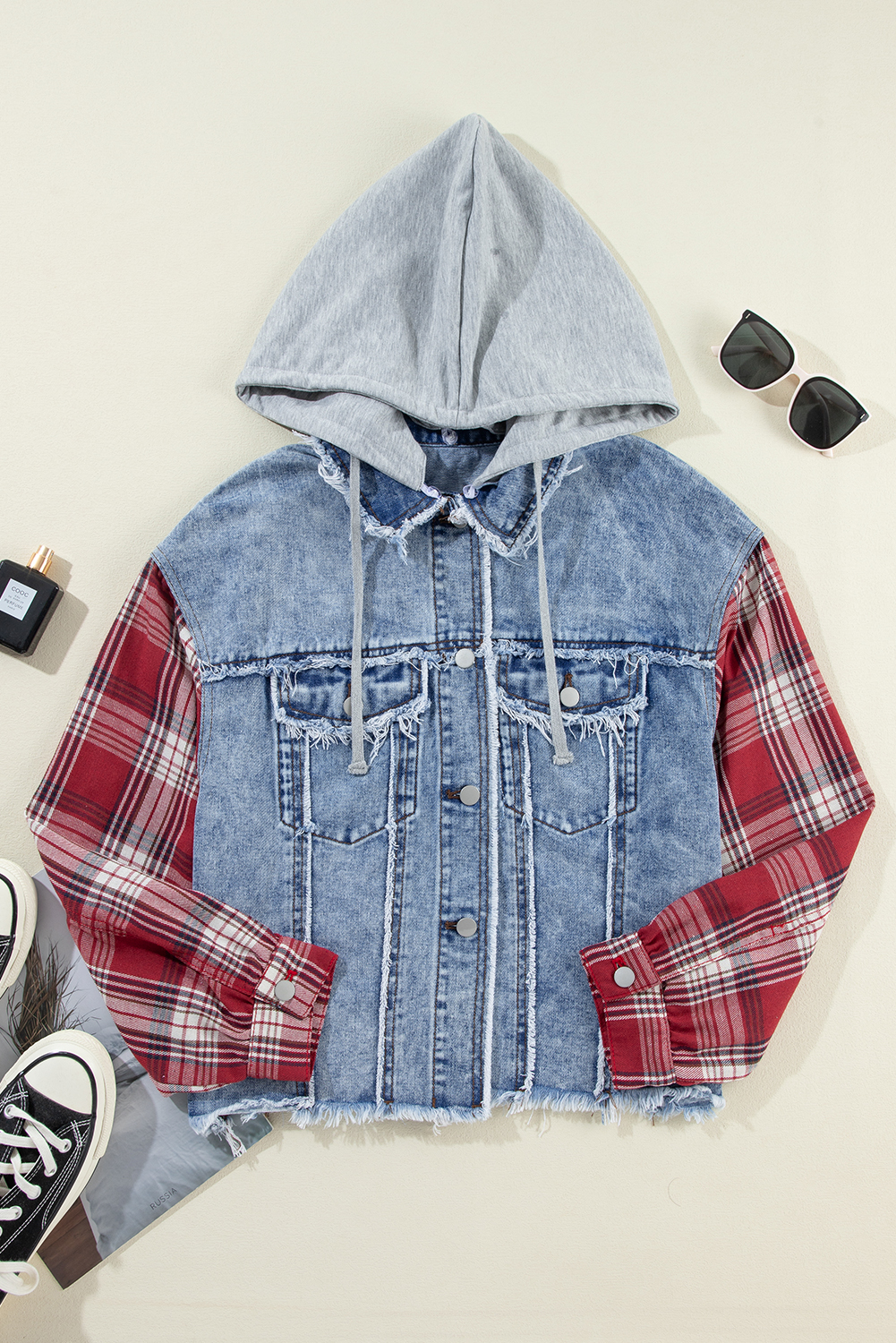Beau Blue Plaid Print Patchwork Hooded Raw Hem Denim Jacket - Image 4