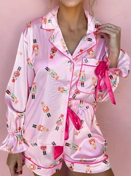 Pink Nutcracker Print Contrast Trim Tied up Bow Silky 2pcs Pajama Set