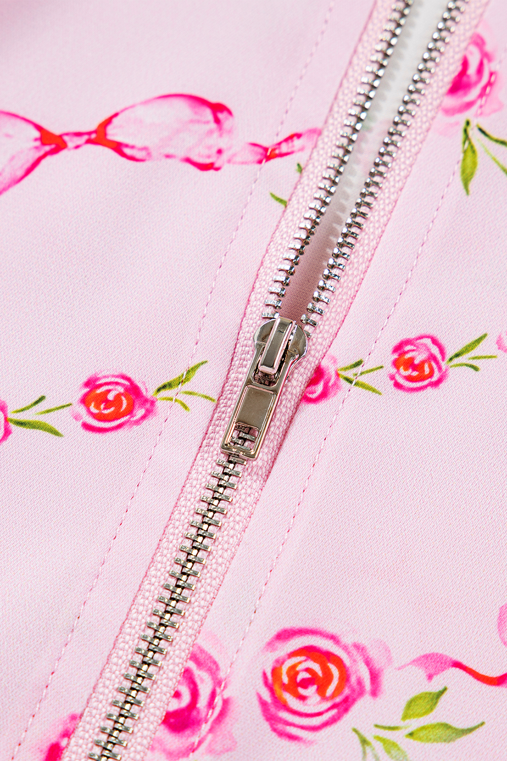 Pink Floral Print Half Zip Kangaroo Pouch Drawstring Hoodie - Image 7