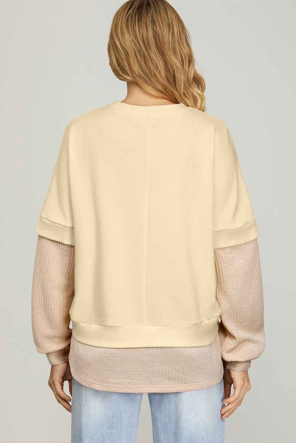 Apricot 2 in 1 Faux Two Piece Patchwork Round Neck Sweatshirt - Image 2