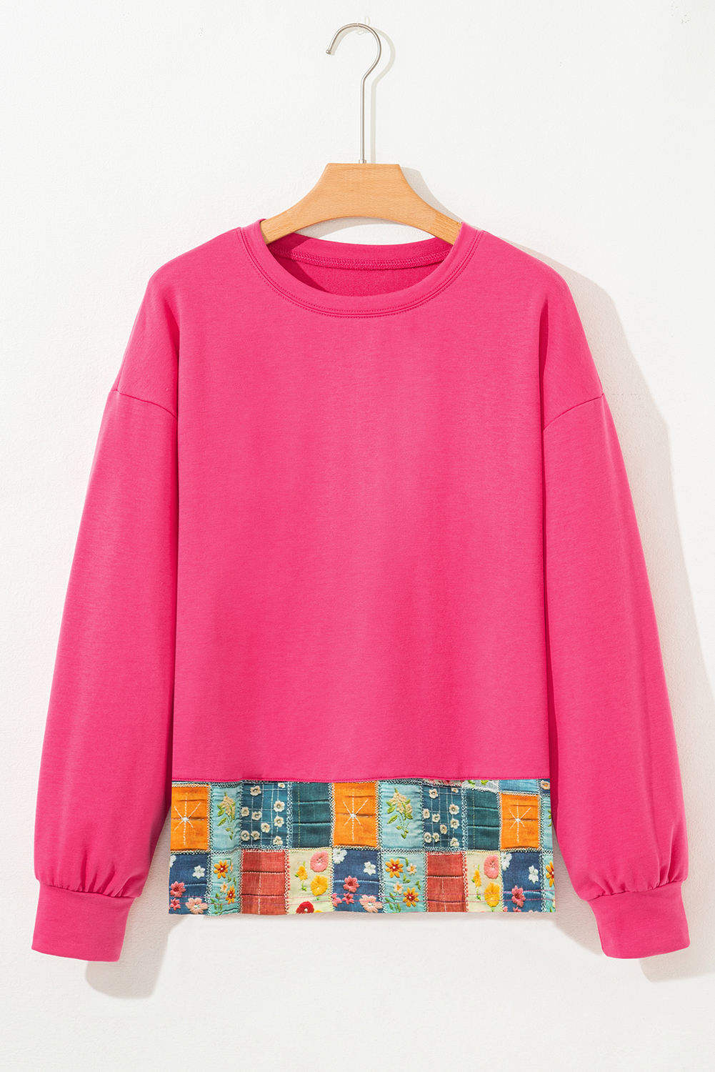 Strawberry Pink Floral Hemline Patchwork Round Neck Casual Top - Image 4