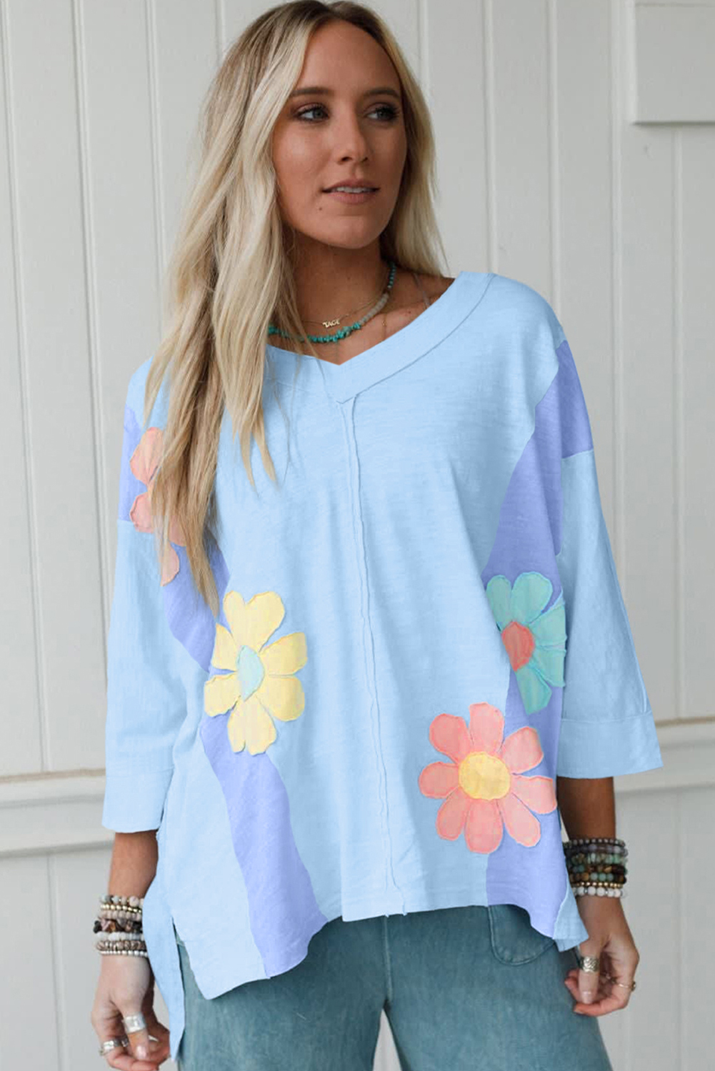 Light Blue Flower Patched Exposed Seam Bracelet Sleeve Oversized T Shirt - Image 3