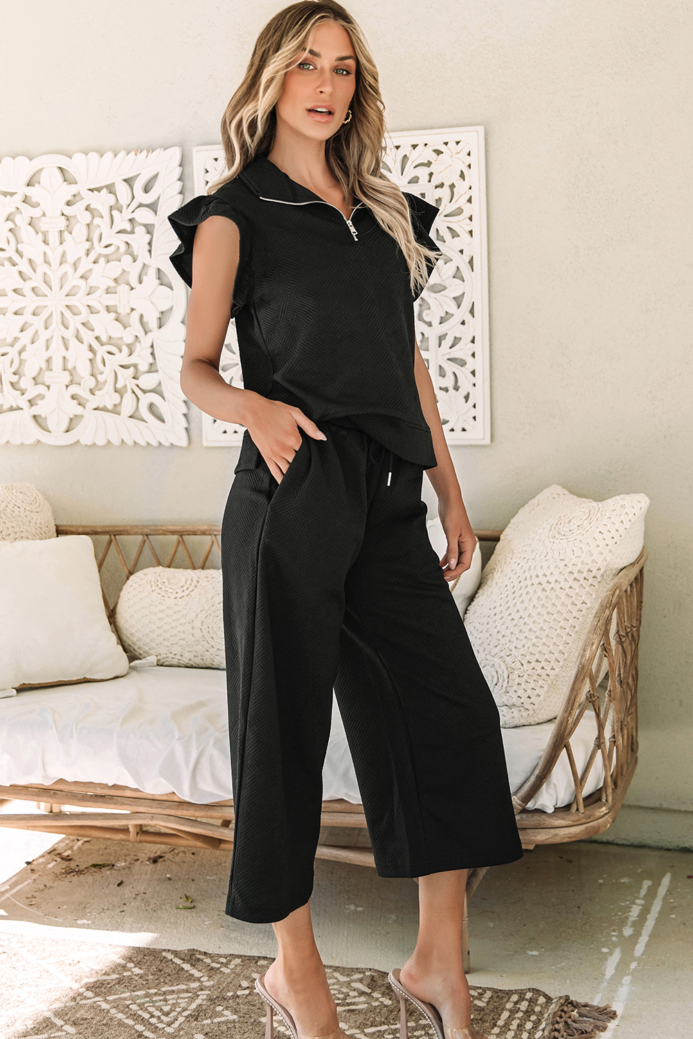 Black Textured Flutter Sleeve Top Wide Leg Pants Set - Image 3