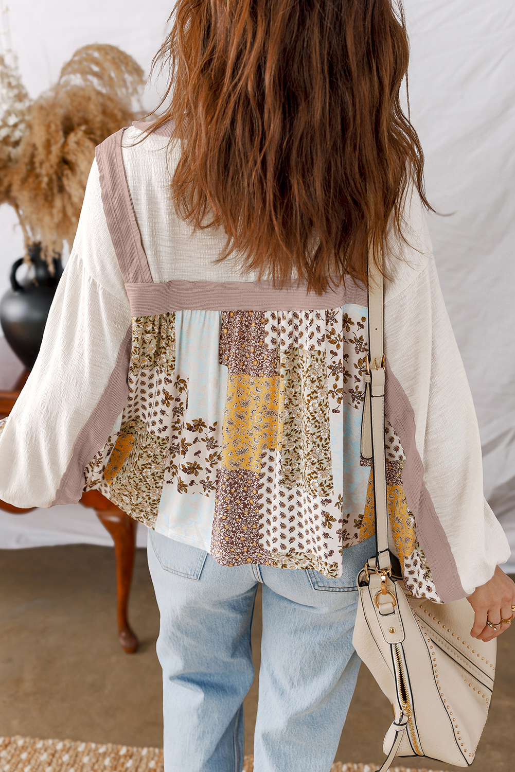White Floral Printed Contrast Patchwork Long Sleeve Top - Image 2