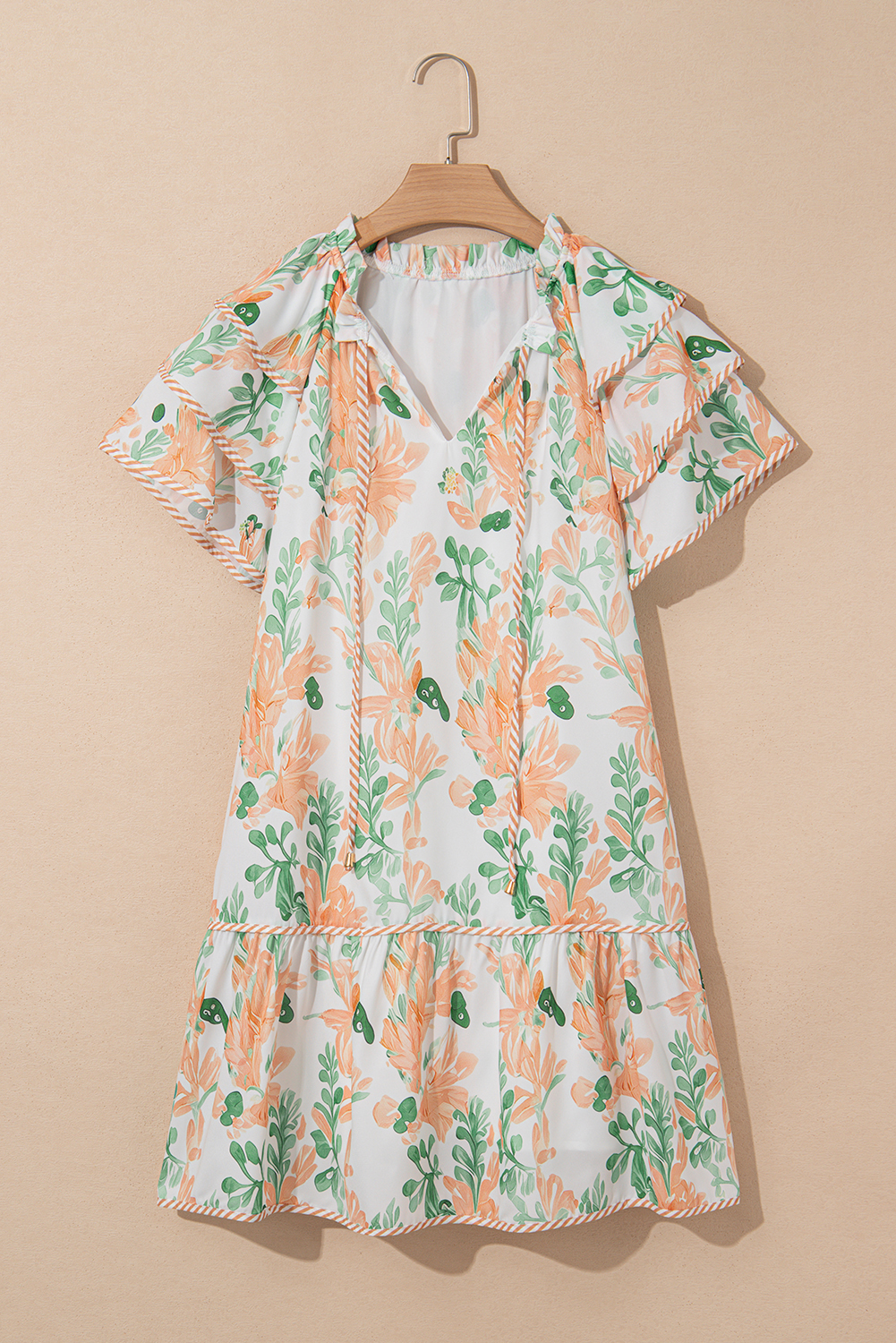 Orange Floral Contrast Edge Layered Short Sleeve Mini Dress - Image 6