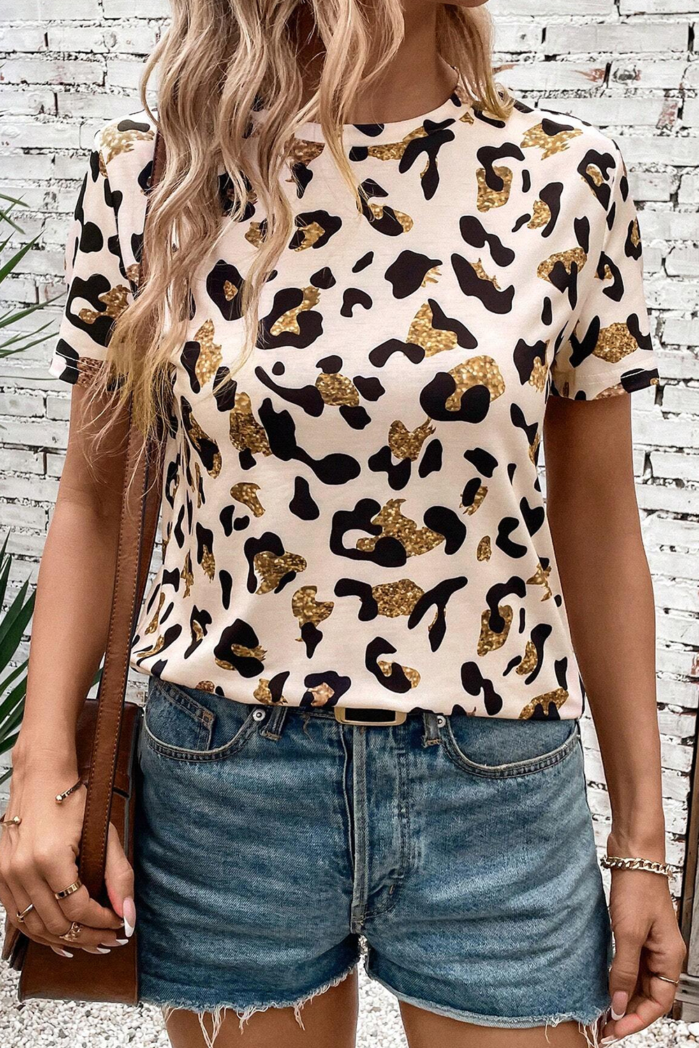 Apricot Leopard Print Round Neck Casual T Shirt - Image 3