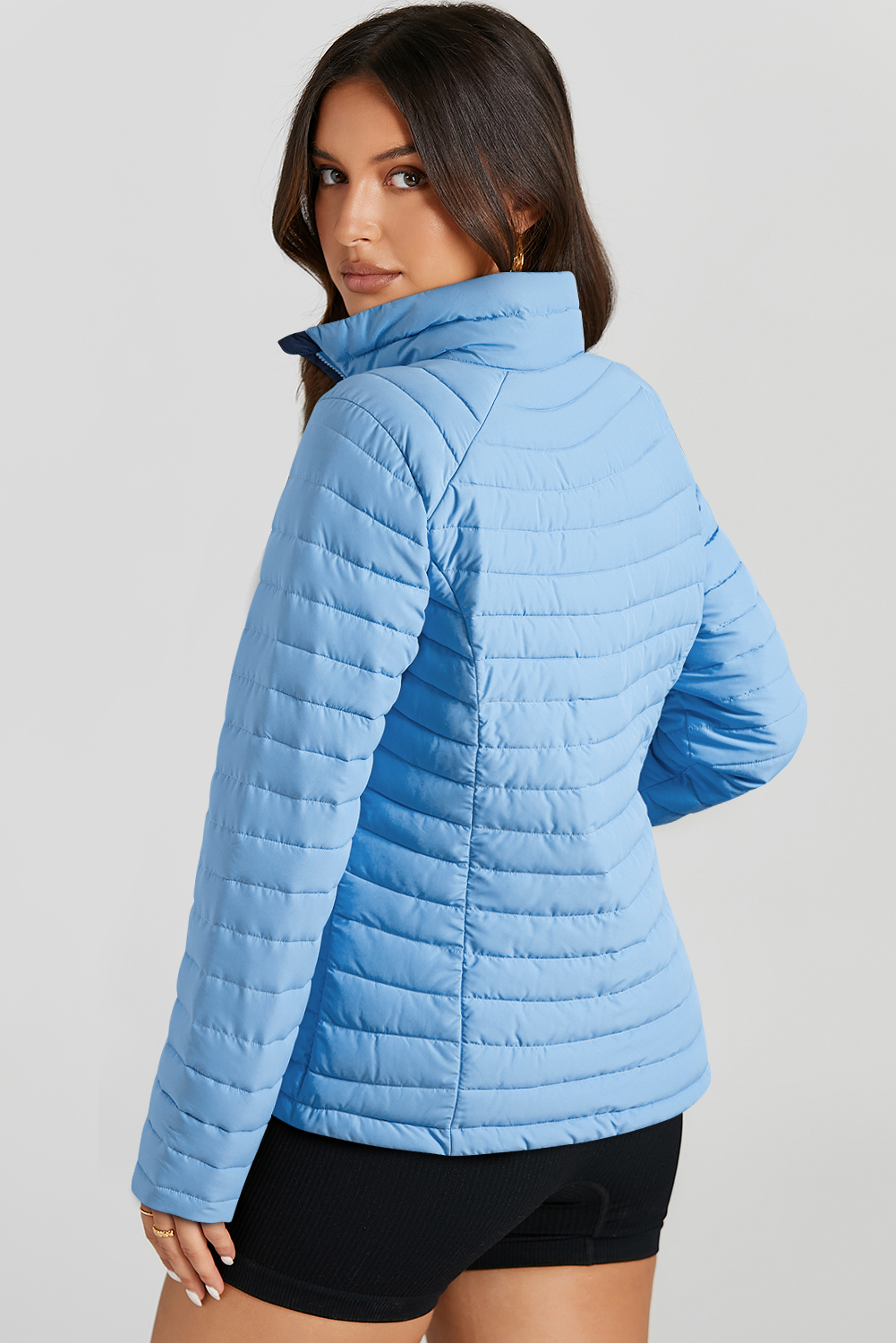 Myosotis Solid Color Quilted Zip-up Puffer Jacket - Image 4