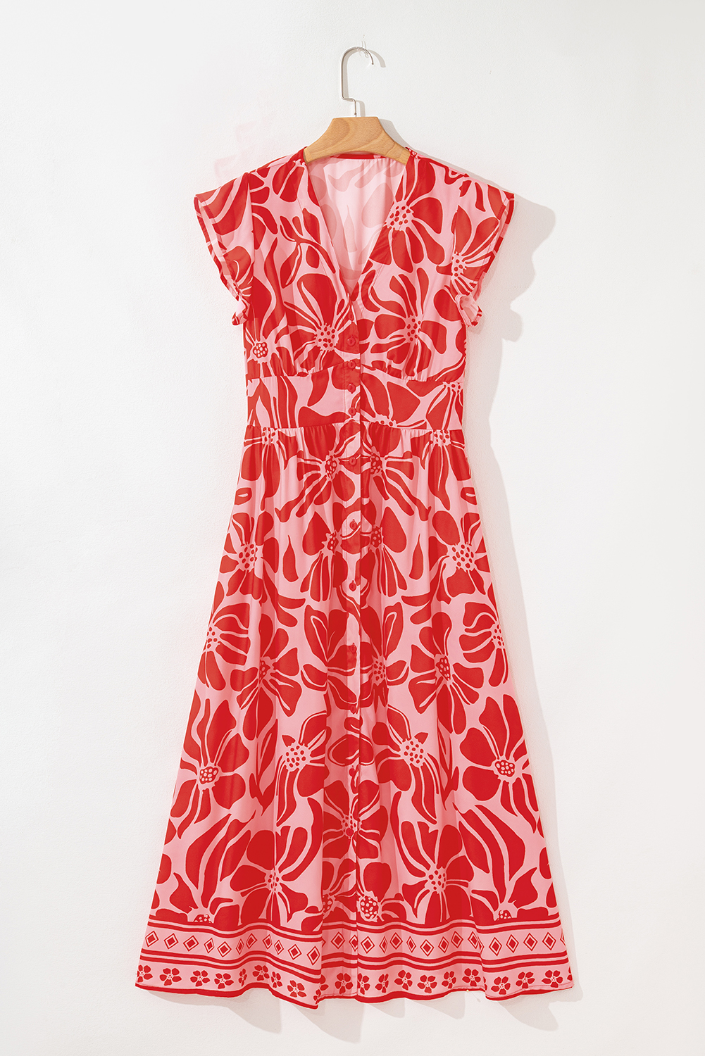 Red Boho Floral Short Sleeve V Neck Buttoned Shirred Waist Long Dress - Image 3