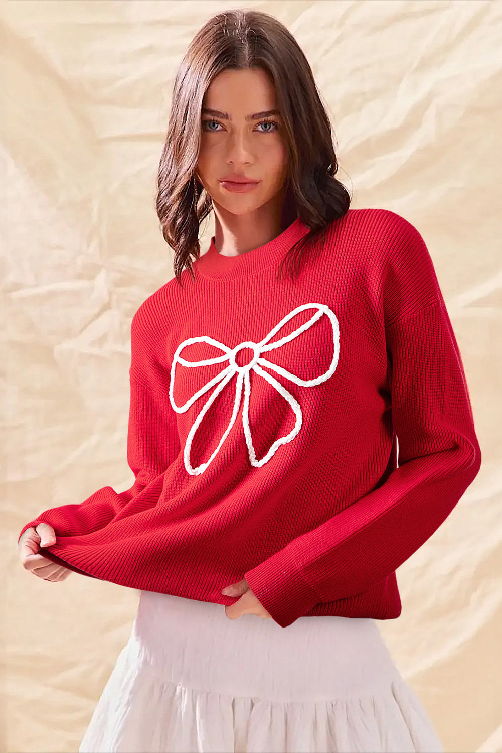 Fiery Red Bow Embroidered Graphic Ribbed Sweater Top - Image 3