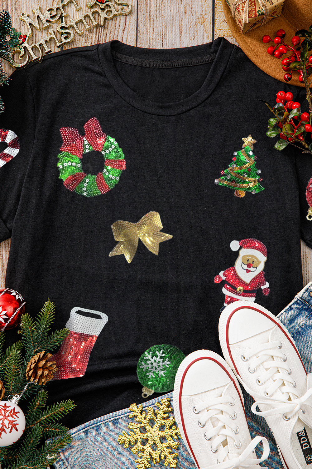 Black Sequin Christmas Essentials Graphic Crewneck T Shirt - Image 4