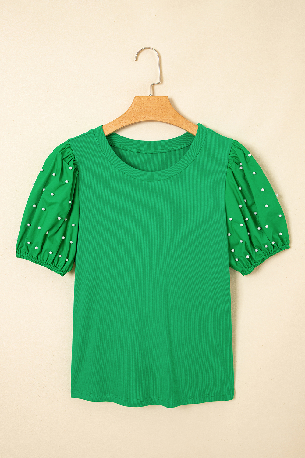 Bright Green Ribbed Pearl Beaded Puff Sleeve Top - Image 4