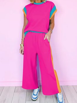 Strawberry Pink Color Block Detail Casual Two-piece Set