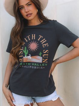Dark Grey RISE WITH THE SUN Western Fashion Graphic Tee