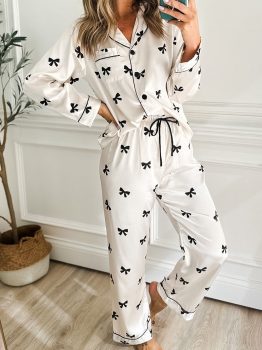 White Bows Print Two Piece Sleepwear