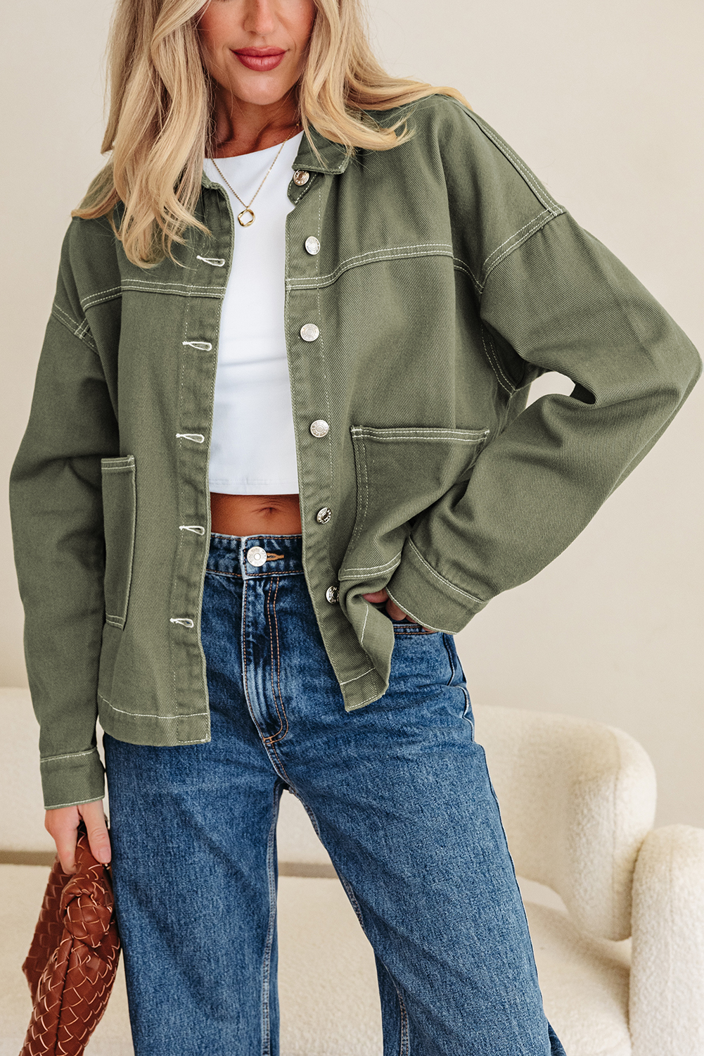Smoke Green Patched Pocket Collared Button Front Boyfriend Denim Jacket - Image 8