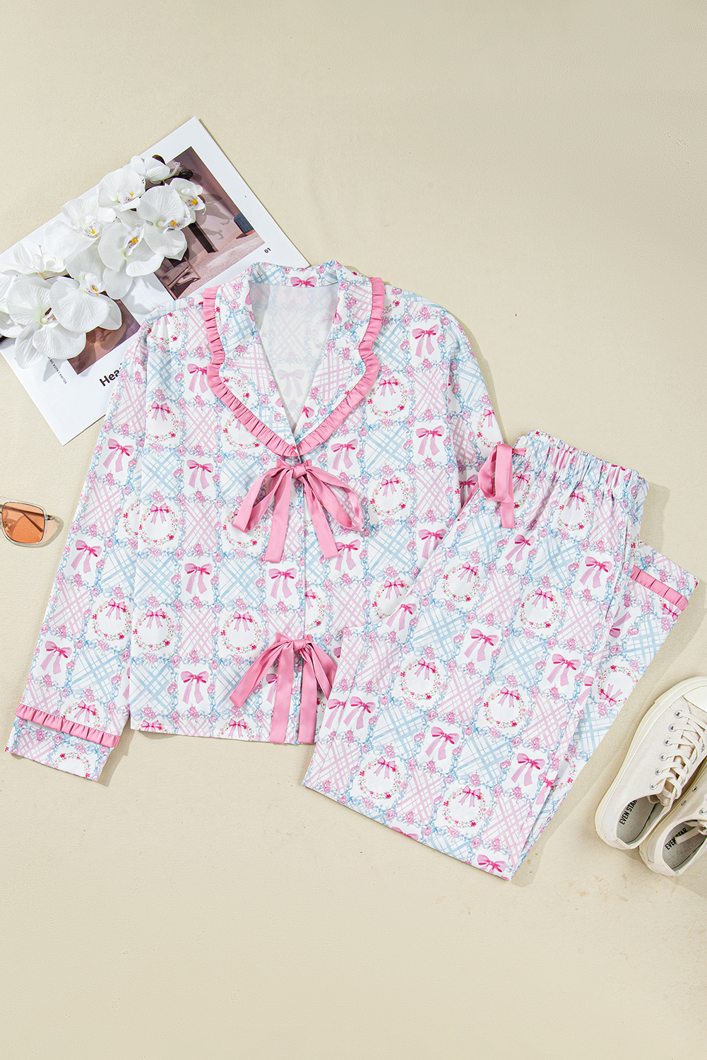 Pink Bow Wreath Pattern Christmas Holiday Tied Front Long Sleeve 2pcs Pajama Set - Image 3