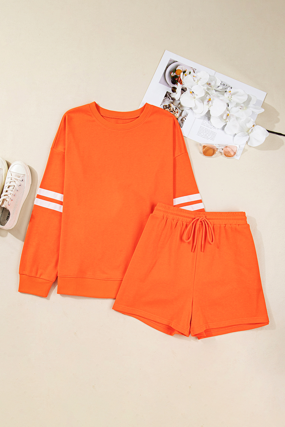 Orange Plus Size Varsity Striped Drop Shoulder Pullover Drawstring Elastic Waistband Short Set - Image 8
