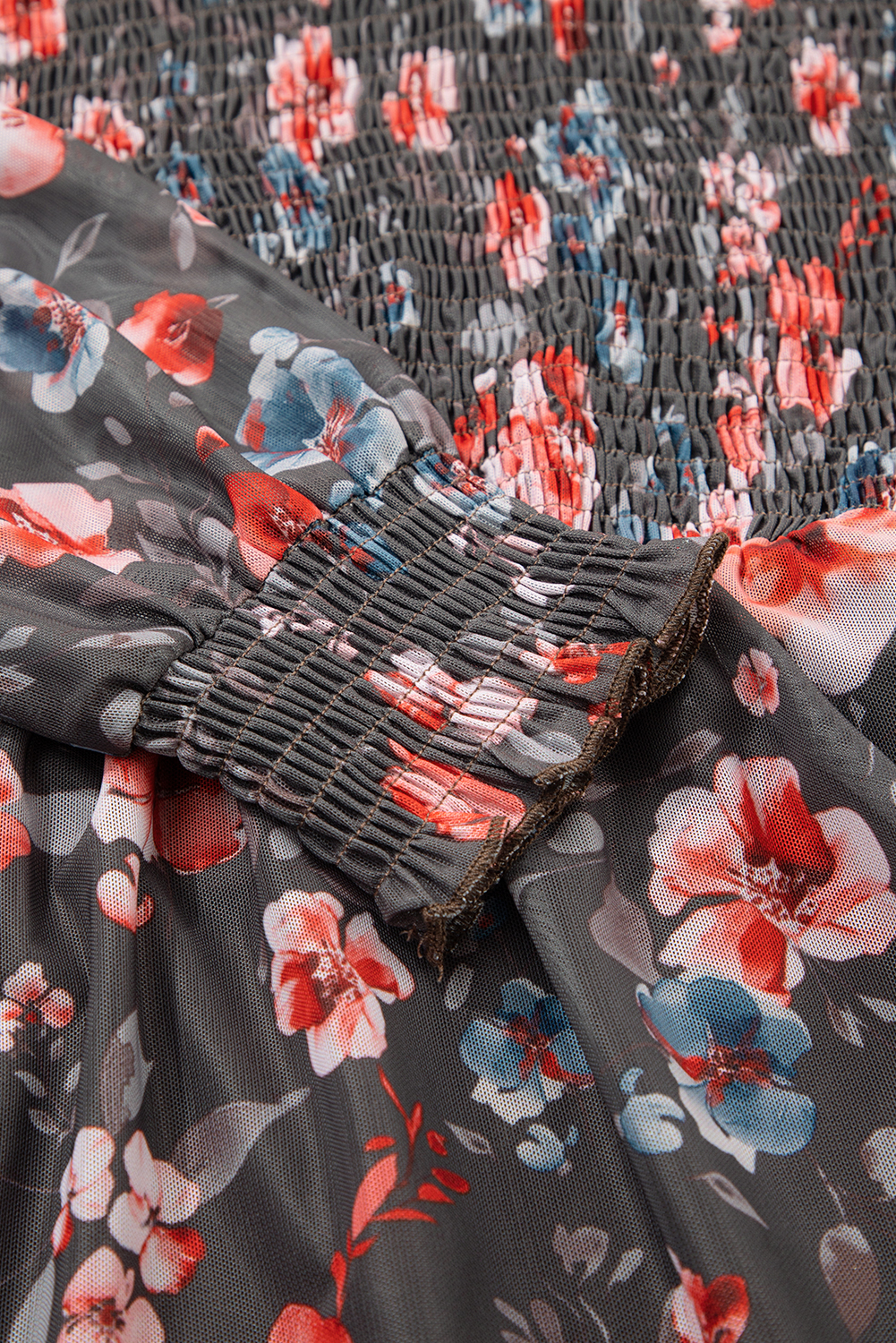 Brown Frilly Smocked Bodice Floral Mesh Long Sleeve Mini Dress - Image 8