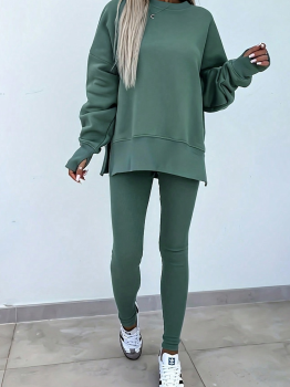Green Bay Solid Color Oversize Slit Sweatshirt Ribbed Leggings 2pcs Set