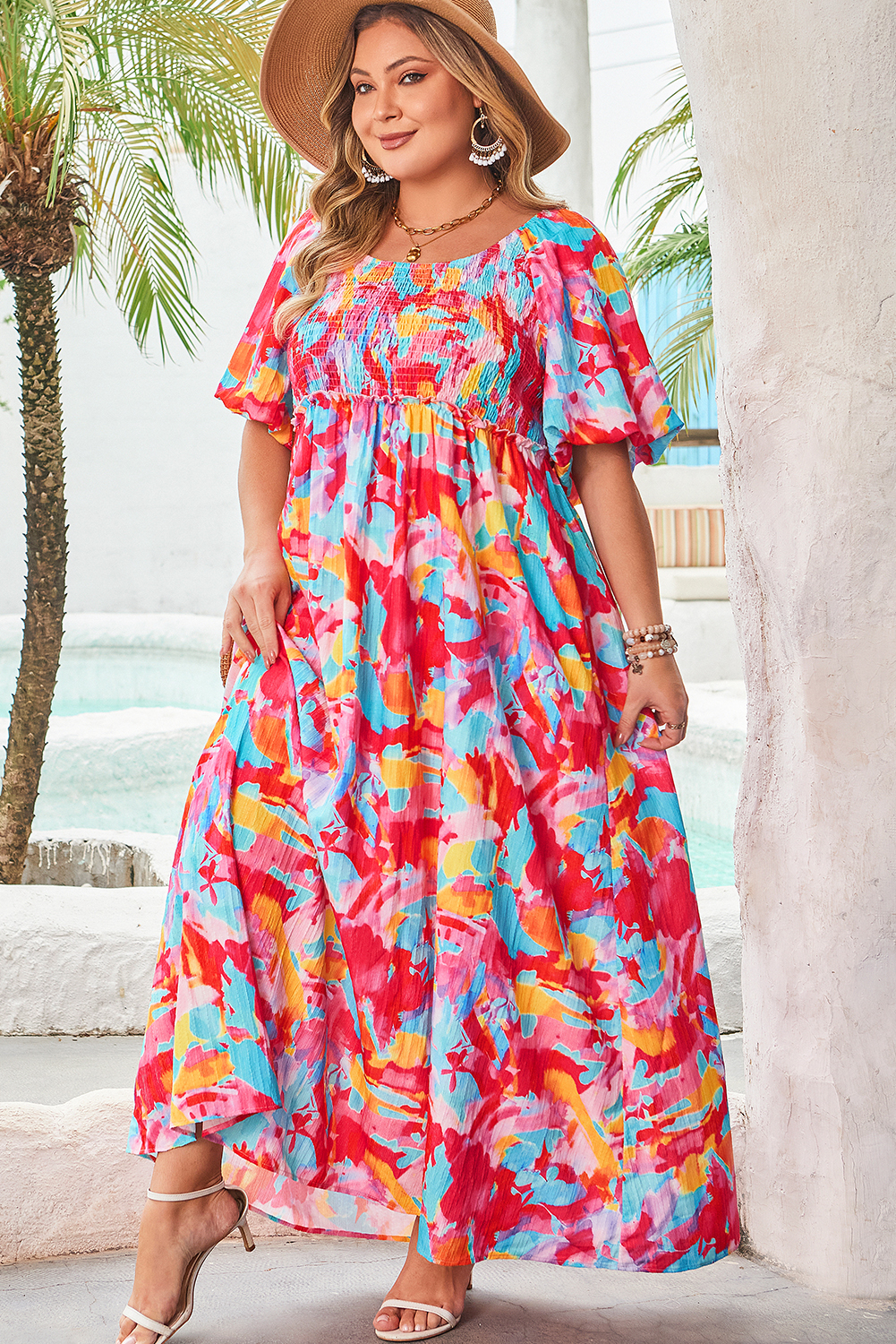 Rose Abstract Printed Puff Sleeve Square Neck Smocked Bust Tied Back Plus Size Dress - Image 4