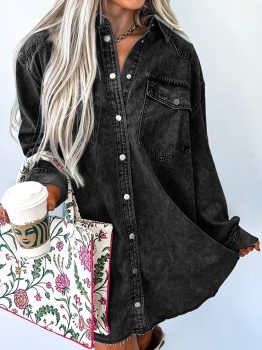 Medium Grey Beau Chest Pocket Raw Hem Denim Loose Shirt Dress