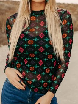 Black Western Aztec Printed Long Sleeve Mesh Top