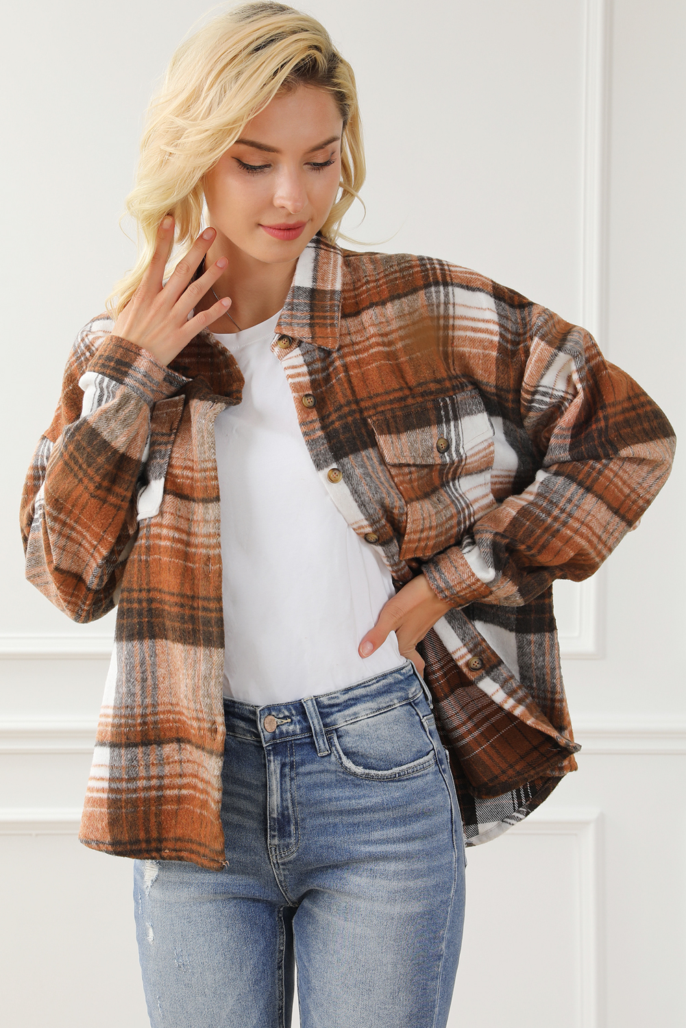 Brown Plaid Flap Pockets Shacket - Image 7