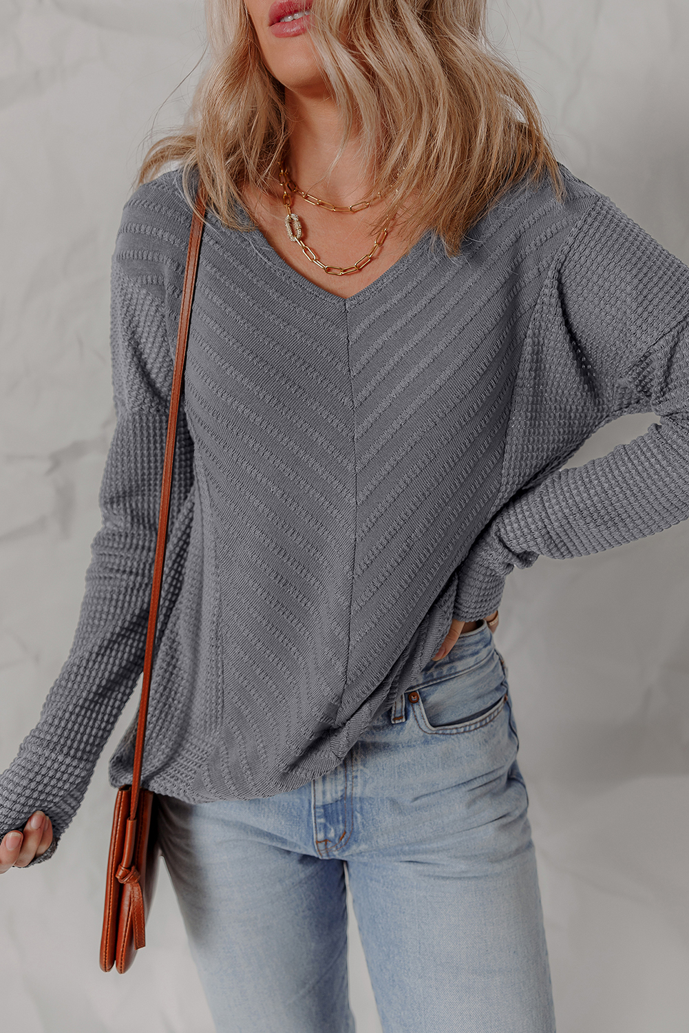 Sleet V Neck Chevron Texture Patchwork Long Sleeve Knit Top - Image 5