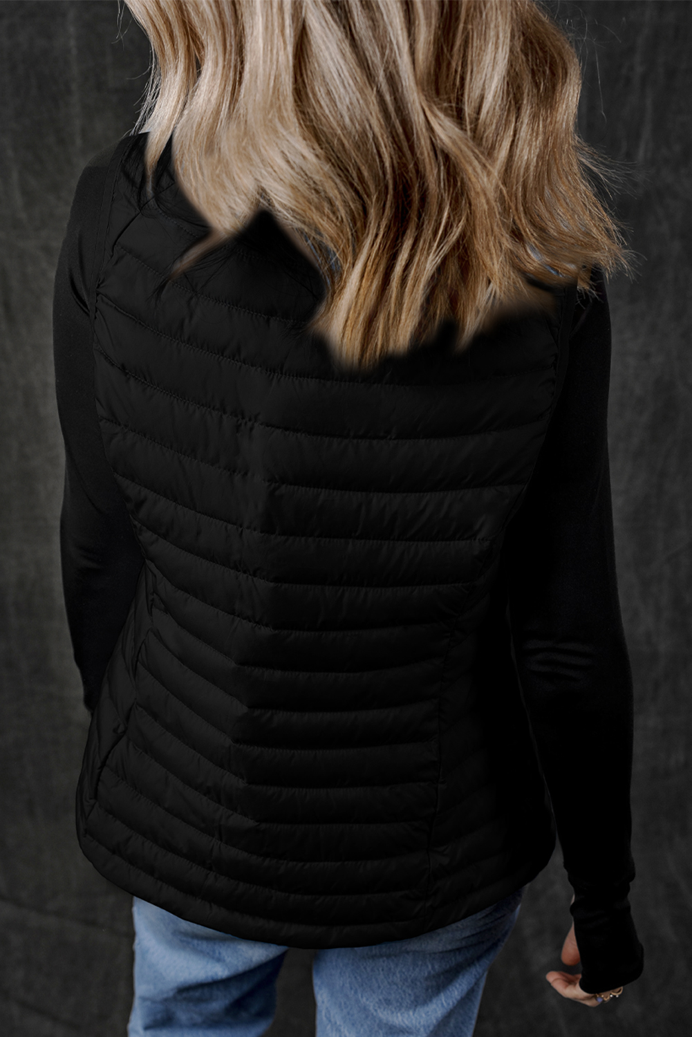 Black Plush Collared Quilted Zipped Puffer Vest - Image 5